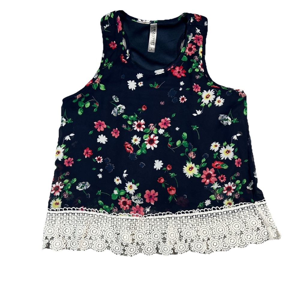 Beautees Girls XL Floral Tank Top Sleeveless Blouse Lace Ruffles Navy Multicolor
